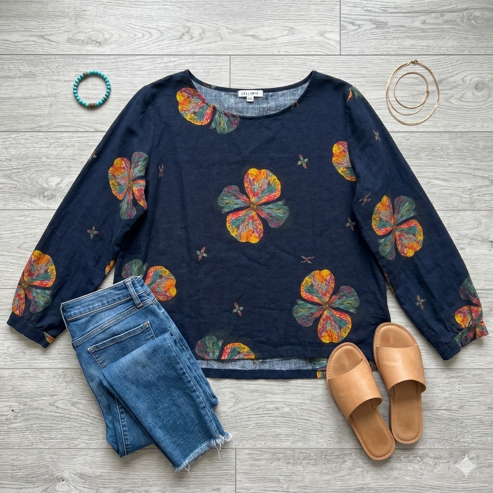 Cellabie Floral Graphic Long‎ Sleeve Top 2XL Navy Blue Artsy Lagenlook Boho